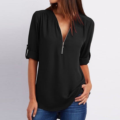 💕What should I wear tomorrow?💕Plus Size Loose  3/4 Sleeve Zipper Blouse