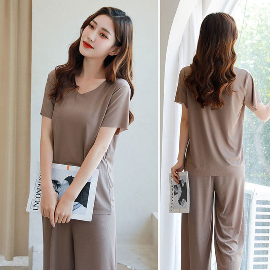 💖Limited Sale 49% OFF💖Soft Comfortable Ice Silk Short Sleeve T-Shirt Two Piece Set Loose Wide-leg Pants