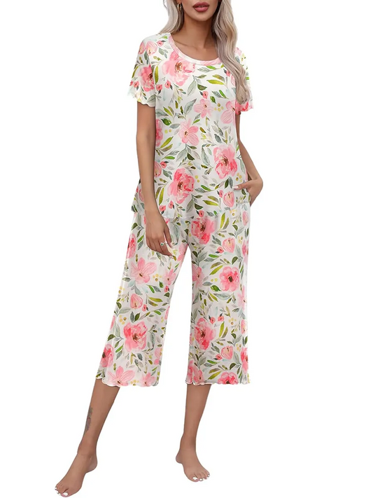 🎁 Hot Sale 49% OFF 🔥 Women's Printed Short Sleeve Top With Khaki Pants Casual Pajama Set