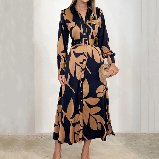 🎁Limited Sale 49% OFF💕Women’s Lapel Long-Sleeve Print Dress with Belt💃