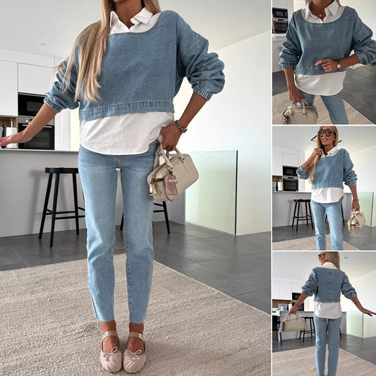 🎉Hot Sale 49% OFF🎉Women's Chic Long Sleeve Denim Top & Trouser Two-Piece Set