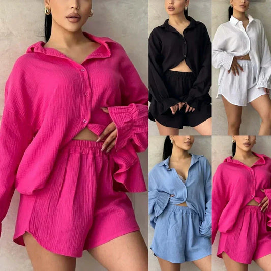 🏖️Summer Hot Sale 49% OFF🌼Women's Lapel Long Sleeve Shirt & High-Waisted Shorts 2-PCS Set