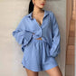 🏖️Summer Hot Sale 49% OFF🌼Women's Lapel Long Sleeve Shirt & High-Waisted Shorts 2-PCS Set
