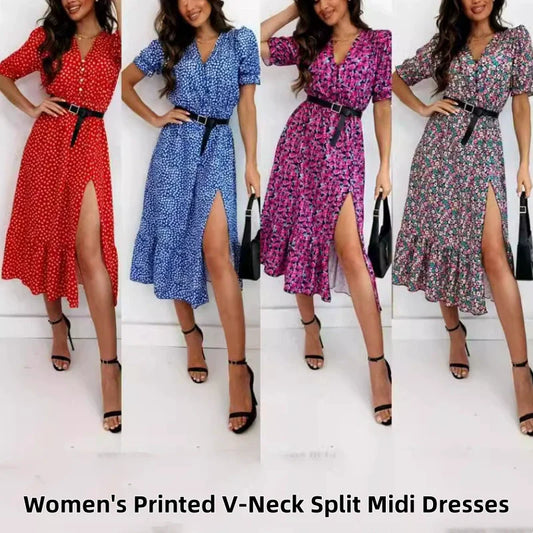 💕What should I wear tomorrow?💕Women's Printed V-Neck Split Midi Dresses