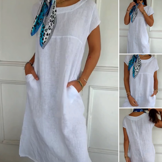 🏖️Summer Hot Sale 49% OFF🌼Women's Round Neck Short Sleeve Cotton Linen Dress