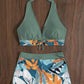 🎁 Hot Sale 49% OFF 🔥Leaf Print Halter V-Neck Two-Piece Swimsuit