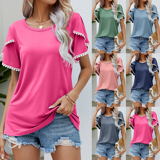 🎁 Hot Sale 49% OFF 🔥Women's Casual Round Neck T-Shirt with Pom-Pom Trim Sleeves