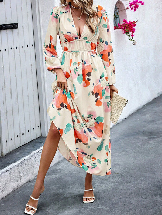 💃Hot Sale 49% OFF🎁LUNE Random Print Deep V-Neck Lantern Sleeve Gathered Waist Dress