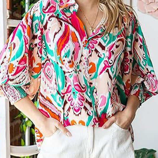 🎉2025 New Products Hot Sale✨Women’s Printed Button-Down Shirt with Lantern Long Sleeves