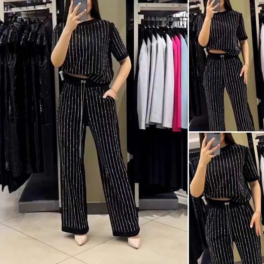 🎉2025 New Products Hot Sale✨Women's Sparkling Rhinestone Striped Knit Two-Piece Set
