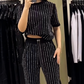 🎉2025 New Products Hot Sale✨Women's Sparkling Rhinestone Striped Knit Two-Piece Set
