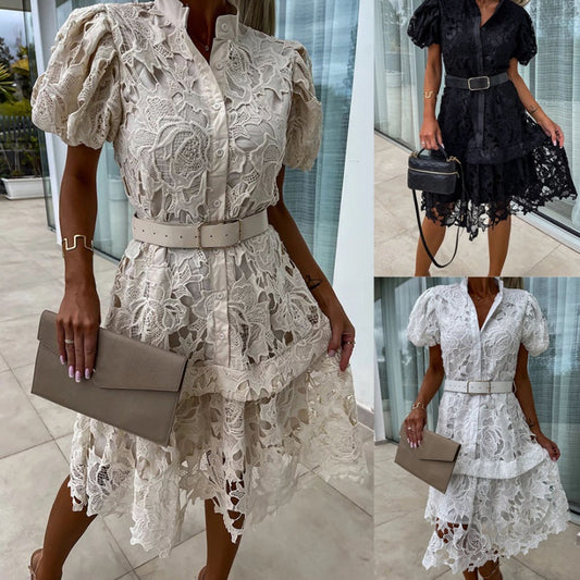 🏖️Summer Hot Sale 49% OFF🌼Women's Retro Short Sleeve Hollow Out Lace Dress