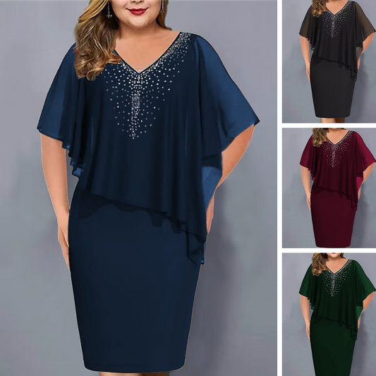 🌸Summer Specials💐Rhinestone V-Neck Cape Dress with Chiffon Overlay