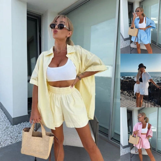 🏖️Summer Hot Sale 49% OFF🌼Vibrant Solid Color Short Sleeve Shirt & High Waisted Shorts 2-Piece Set