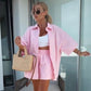 🏖️Summer Hot Sale 49% OFF🌼Vibrant Solid Color Short Sleeve Shirt & High Waisted Shorts 2-Piece Set