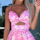 💃Hot Sale 49% OFF🎁Pink Floral Print Waist Cutout V-Neck Sleeveless Dress