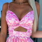 💃Hot Sale 49% OFF🎁Pink Floral Print Waist Cutout V-Neck Sleeveless Dress