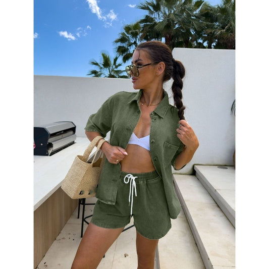 🌸Summer Specials💐Women's Fashion Denim Lapel Top and Shorts Set