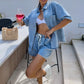 🌸Summer Specials💐Women's Fashion Denim Lapel Top and Shorts Set