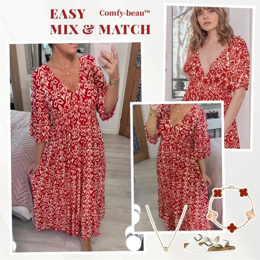 ❤️‍🔥2025 Summer Sale 49% OFF🌷Bohemian casual print V-neck shirred waist long dress