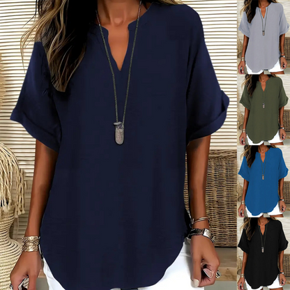 💎50% OFF! 💎 Fashion Loose Short Sleeve Top – Notched V-Neck, Asymmetrical Hem & Lightweight Fabric (5 Colors, S–2XL) 👕🌸