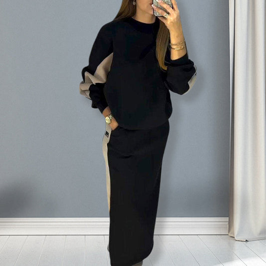 ❄️Winter Sale - 49% OFF🧥Loose Color Block Long Sleeve Top & Split Skirt Set
