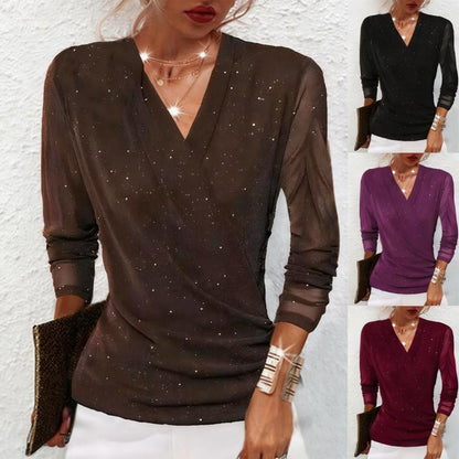 💕Hot Sale 49% OFF💕Women's Sparkle Crossover V-Neck Long Sleeve Top