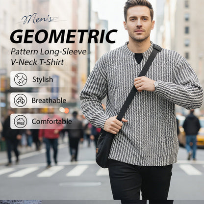 Men's Geometric Pattern Long-Sleeve V-Neck T-Shirt