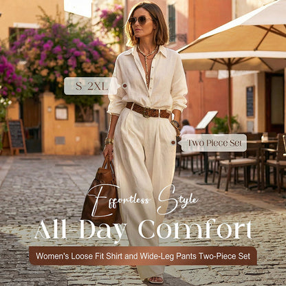Women's Loose Fit Shirt & Wide-Leg Pants Two-Piece Set