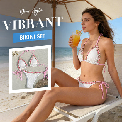 Adjustable Halter Tie-Side Bikini Set with Floral Trim