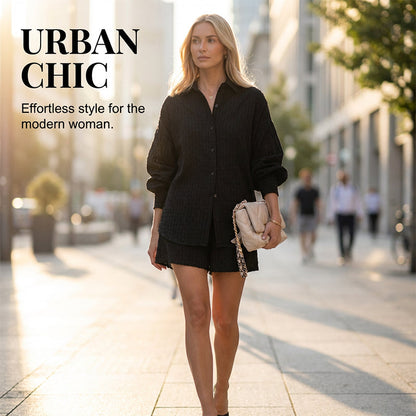 Women's Jacquard Puff-Sleeve Shirt & Shorts Set