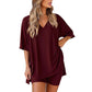 PRETTYGARDEN Crewneck Two-Piece Set For Women Summer Casual Oversized Split Hem Shirts & Side Pocket Biker Shorts Minimalist Lounge Wear Soft Viscose Fabric Comfy Homewear Cozy Pjs