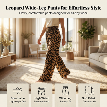 Women's Leopard Smocked Waist Wide-Leg Pants