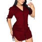 Women's Short Sleeve Button-Down Ruched Shirt Dress