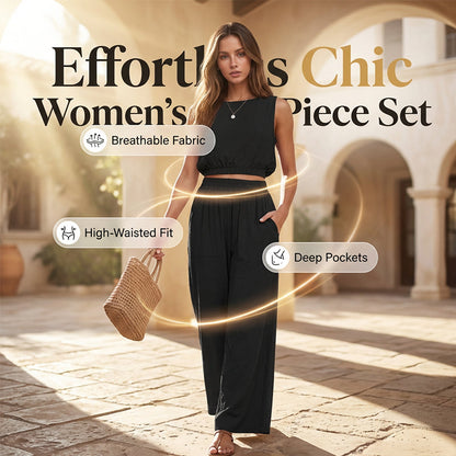 🏖️Summer Cool Deal: 50% OFF!!💃Women's 2-Piece Solid Color Breathable Tank Top & Wide Leg Loose Pants Set