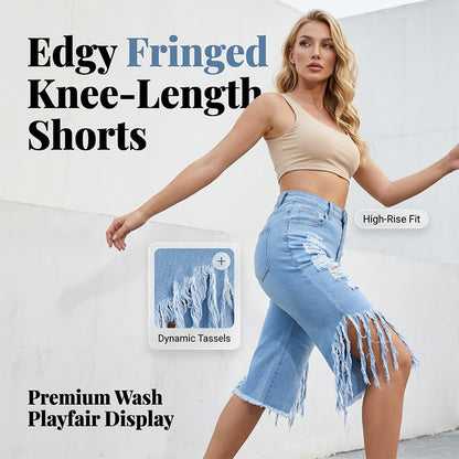 Style: Women's Distressed Knee-Length Denim Shorts with Side Tassels