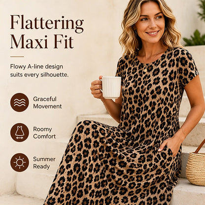 🌸 50% OFF NOW! 🌸Women's Leopard Print Maxi Dress with Pockets Casual Short Sleeve Long Dress
