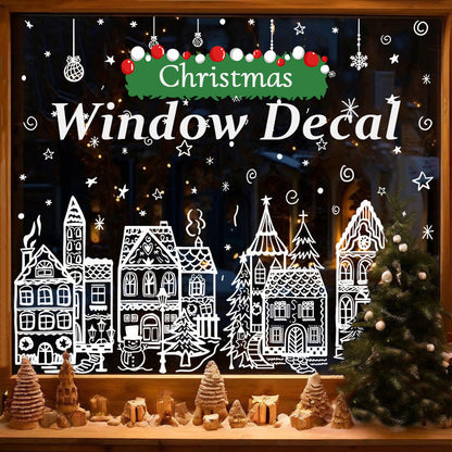 Large Christmas Window Stickers, Set of 4, House Design Static Cling Decorations with Snowman & Snowflake Pattern, for Festive Party